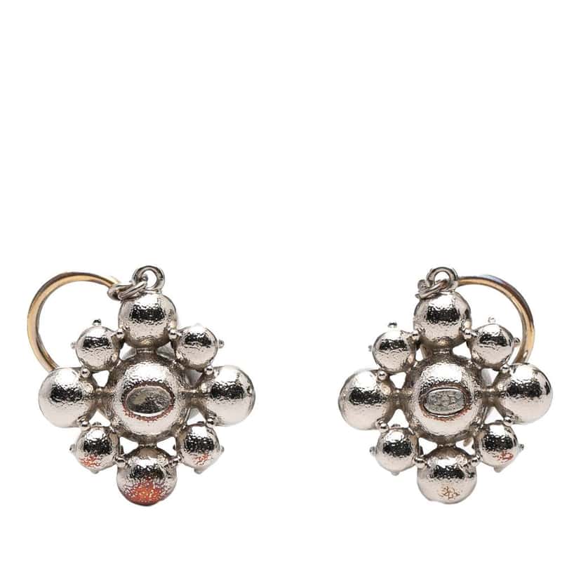 Chanel CC Silver Plated Crystal Rhinestones Dangle Push Back Earrings Silver Metal Good condition - Back View