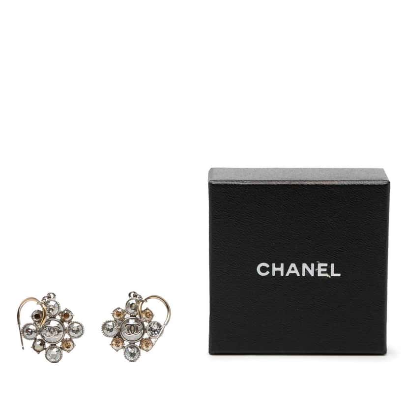Chanel CC Silver Plated Crystal Rhinestones Dangle Push Back Earrings Silver Metal Good condition - Box View