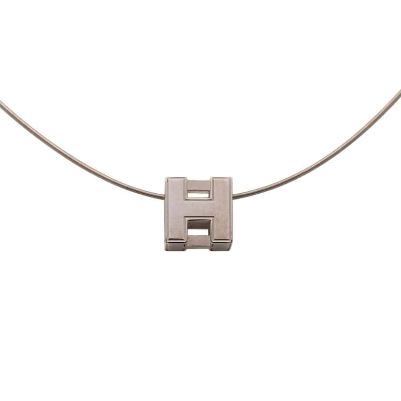 Hermès Palladium Plated Enamel Cage dH Cube Necklace Silver Metal Good condition - Front View