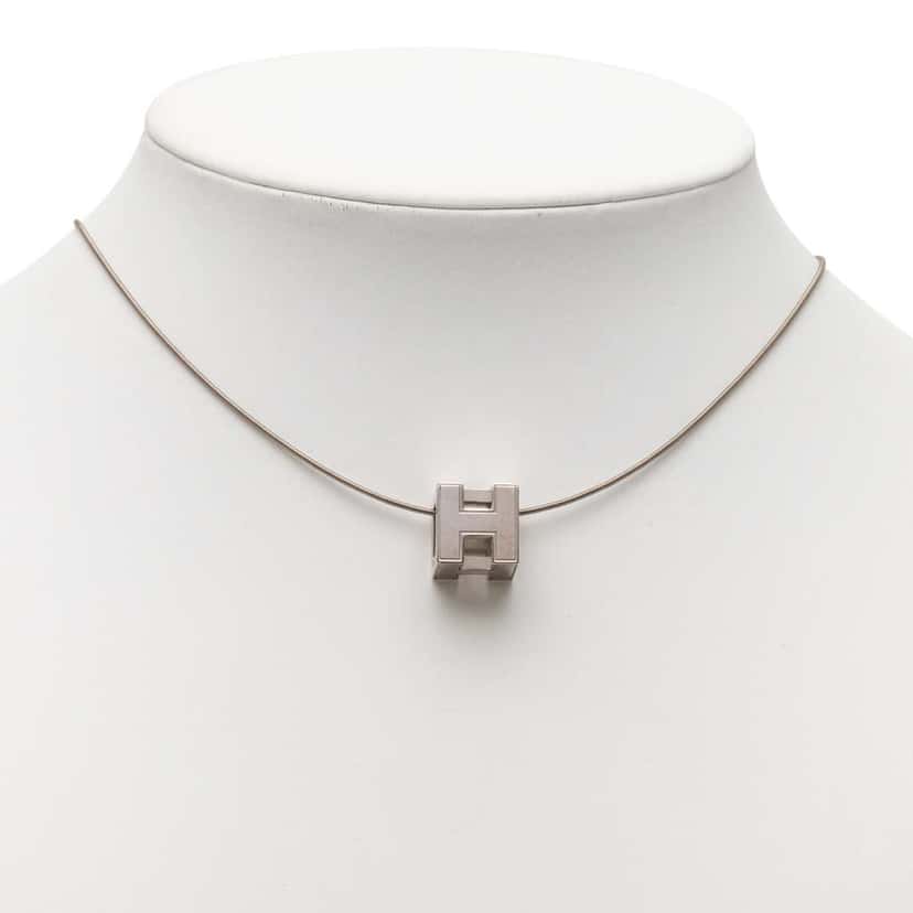 Hermès Palladium Plated Enamel Cage dH Cube Necklace Silver Metal Good condition - Box View