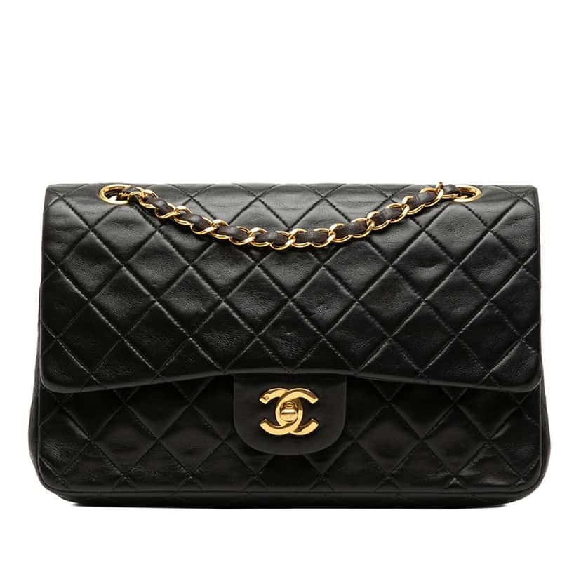Chanel Medium Classic Lambskin Double Flap Black Leather Good condition - Front View