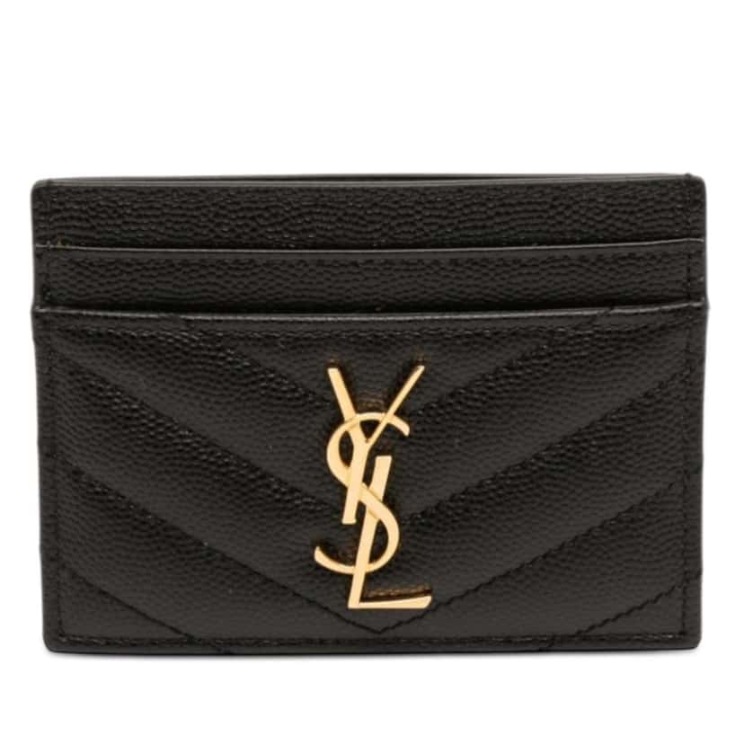 Saint Laurent Grain de Poudre Matelasse Chevron Cassandre Card Holder Black Leather Good condition - Front View