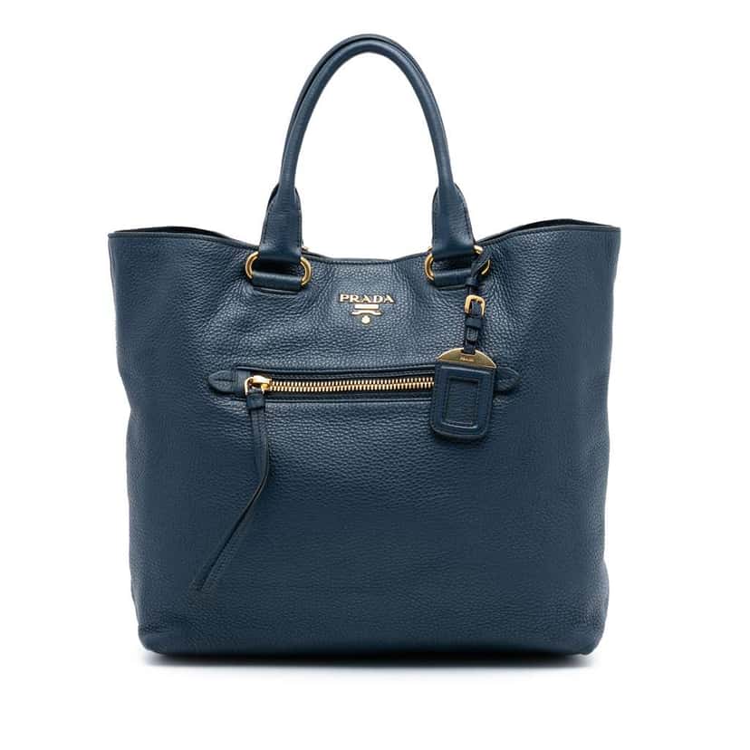 Prada Vitello Daino Open Convertible Tote Blue Leather Good condition - Front View