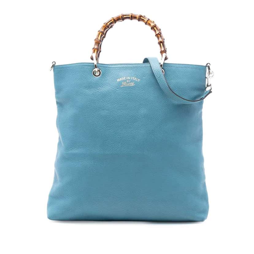 Gucci Tall Leather Bamboo Shopper Tote Blue Leather Good condition - Front View