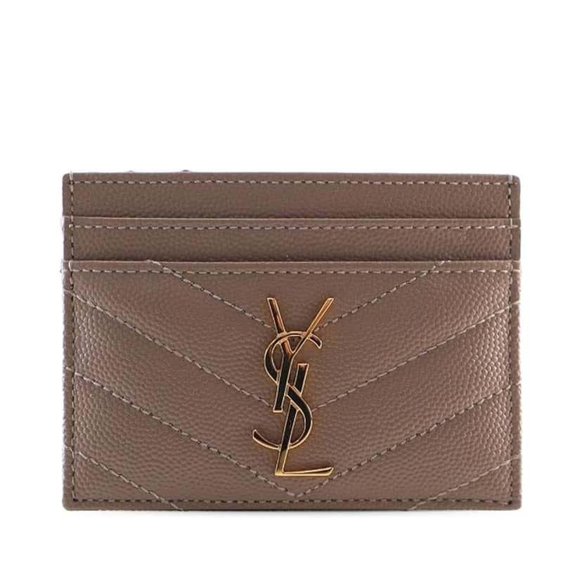 Saint Laurent Grain de Poudre Matelasse Chevron Cassandre Card Holder Brown Leather Good condition - Front View