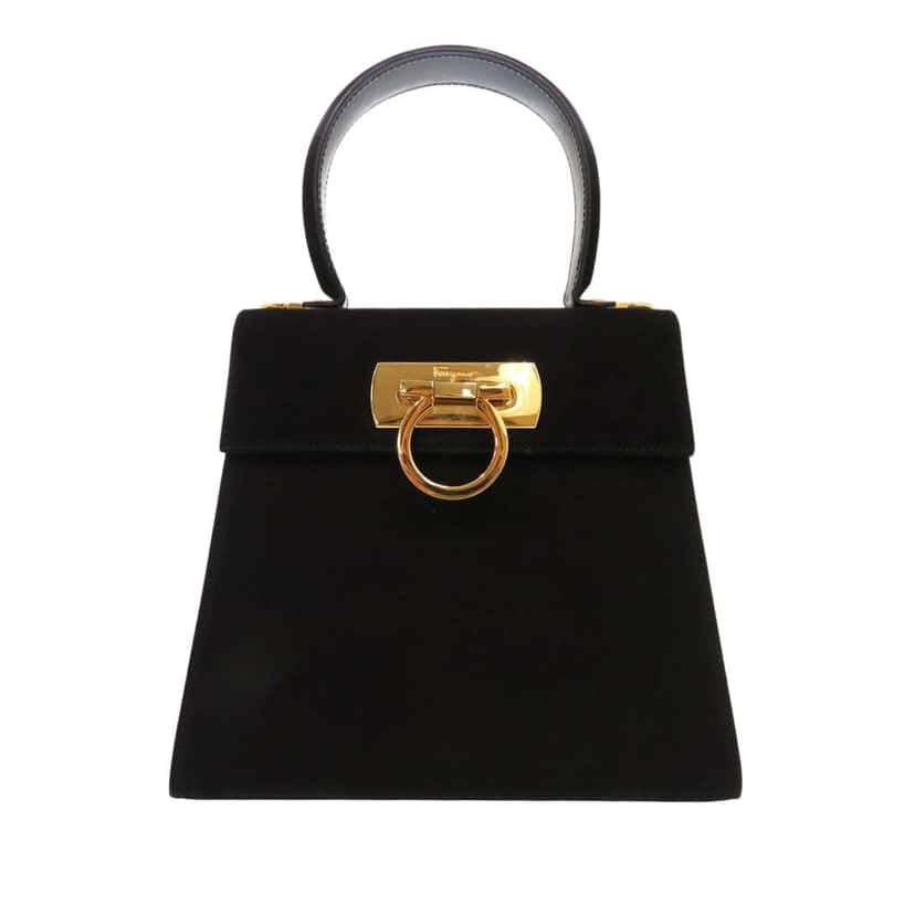 Salvatore Ferragamo Small Suede Gancini Iconic Top Handle Bag Black Leather Good condition - Front View