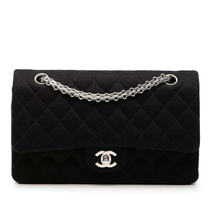 Chanel Medium Classic Jersey Bijoux Chain Double Flap Black Cotton Good condition - Front View