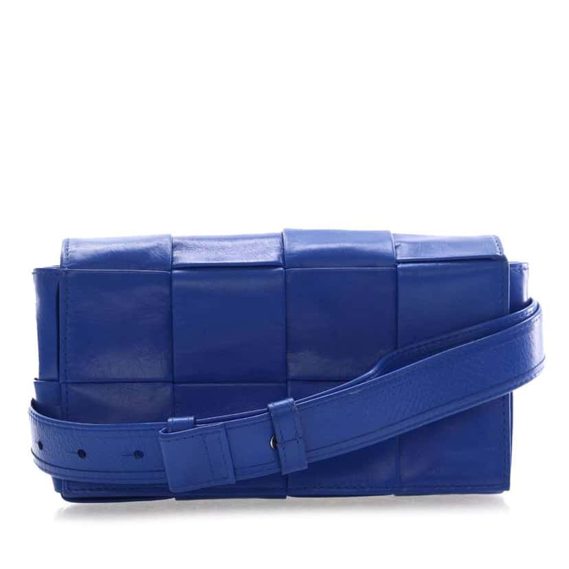 Bottega Veneta Mini Paper Calfskin Intrecciato Cassette Belt Bag Blue Leather Good condition - Front View