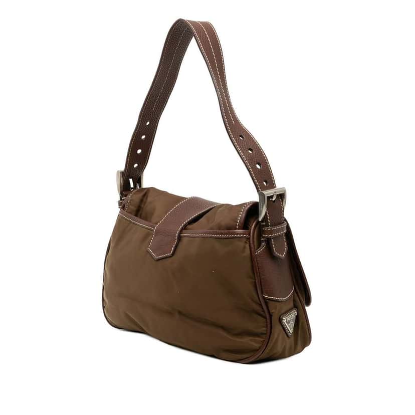 Prada Leather and Tessuto Shoulder Bag Brown Good condition - Back View