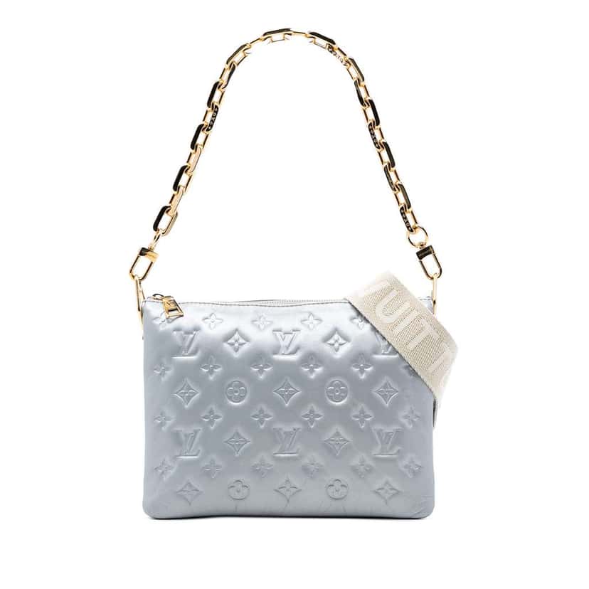 Louis Vuitton Monogram Embossed Puffy Lambskin Coussin PM Silver Leather Very good condition - Front View