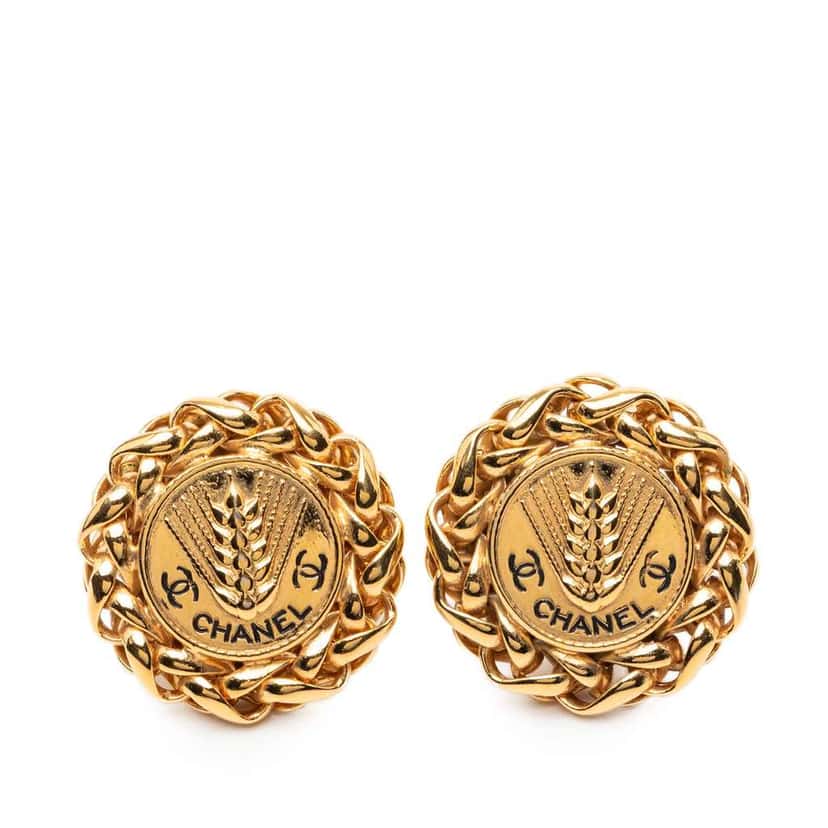 Chanel CC Gold Plated Wheat Medallion Clip On Earrings Gold Metal Very good condition - Front View