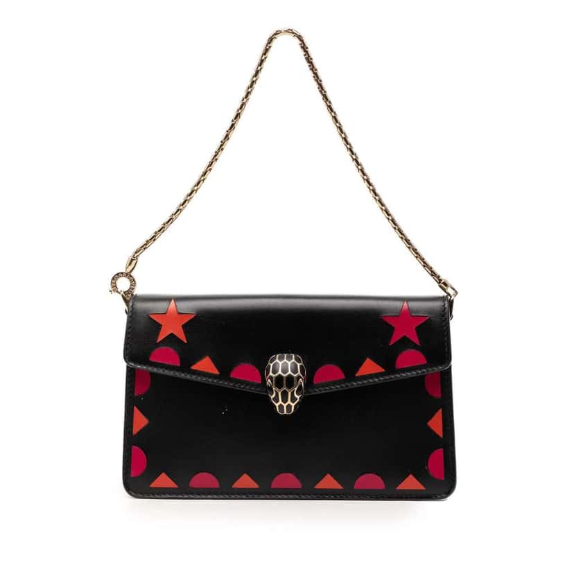 Bvlgari Mini Calfskin Geometric and Stars Patch Serpenti Forever Clutch with Chain Black Leather Very good condition - Front View