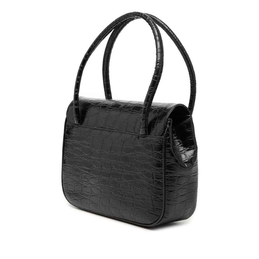 Salvatore Ferragamo Croc Embossed Vara Bow Top Handle Bag Black Leather Good condition - Back View
