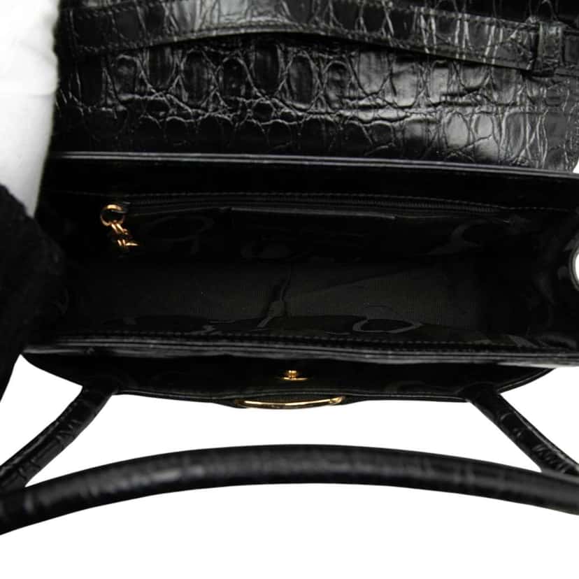 Salvatore Ferragamo Croc Embossed Vara Bow Top Handle Bag Black Leather Good condition - Model View