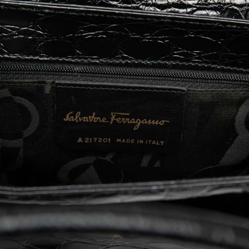 Salvatore Ferragamo Croc Embossed Vara Bow Top Handle Bag Black Leather Good condition - Box View