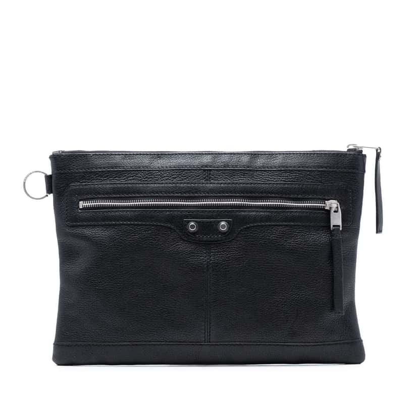 Balenciaga Lambskin Motocross Classic Clip M Clutch Black Leather Very good condition - Front View