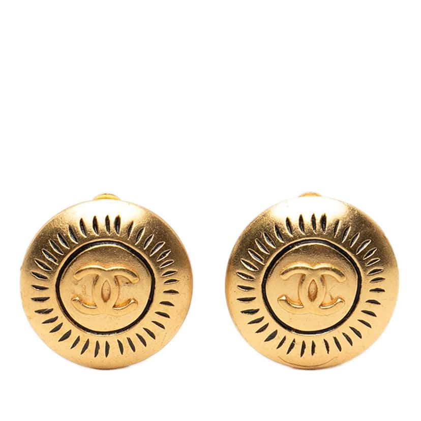 Chanel CC Gold Plated Round Clip On Earrings Gold Metal Very good condition - Front View