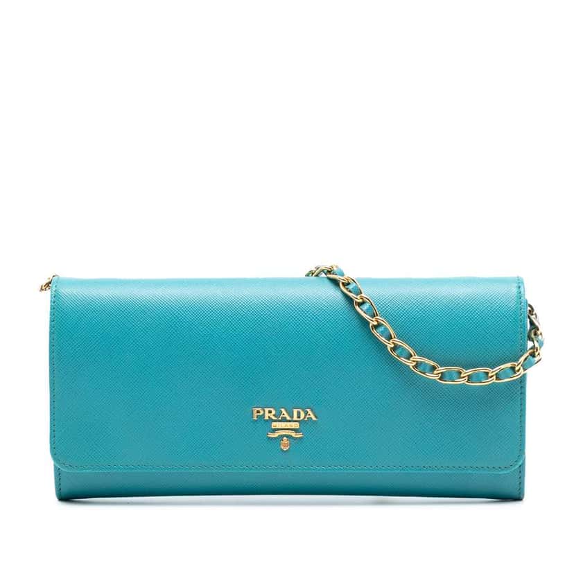 Prada Saffiano Wallet On Chain Blue Leather Very good condition - Front View