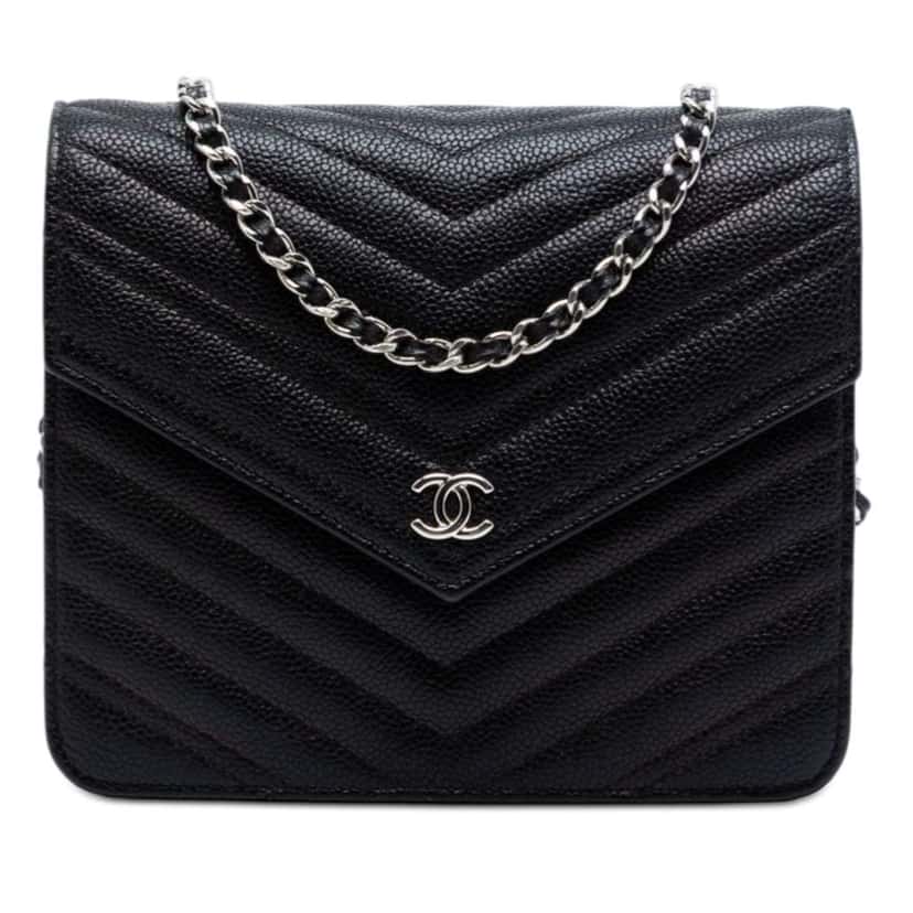 Chanel CC Chevron Caviar Square Wallet On Chain Black Leather Very good condition - Front View
