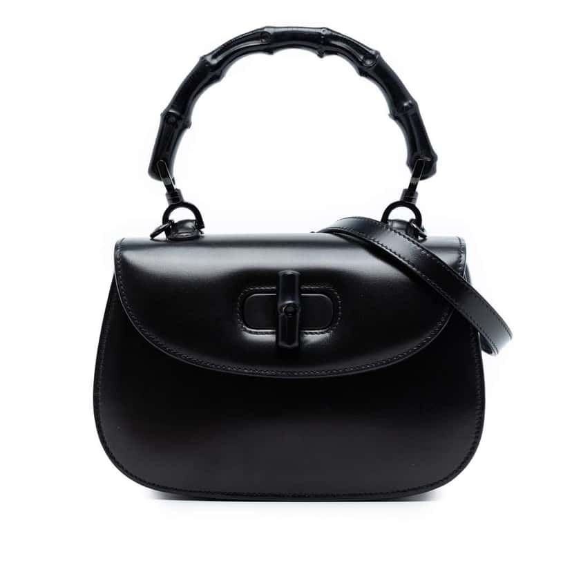 Gucci Small Calfskin 1947 Bamboo Top Handle Bag Black Leather Very good condition - Front View