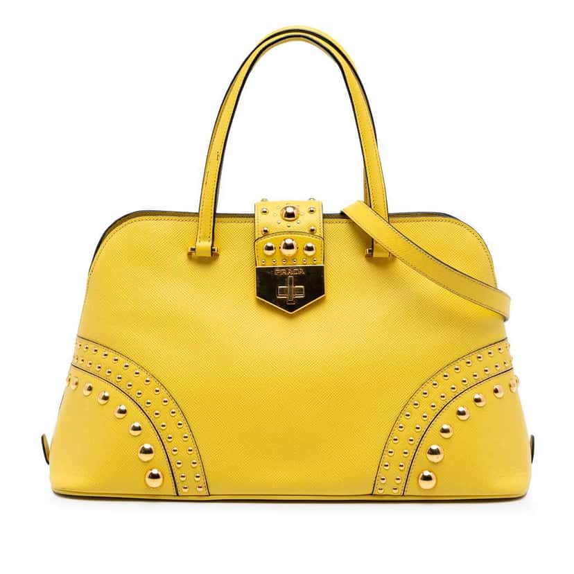 Prada Studded Saffiano Cuir Promenade Satchel Yellow Leather Very good condition - Front View