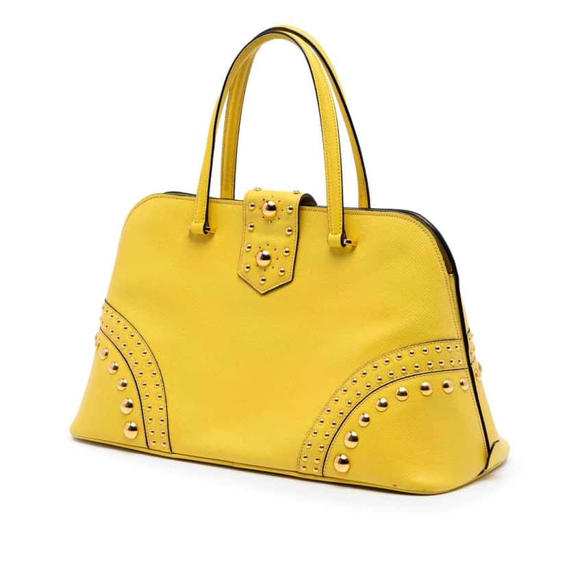 Prada Studded Saffiano Cuir Promenade Satchel Yellow Leather Very good condition - Back View