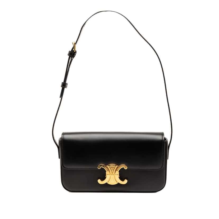 Celine Shiny Calfskin Triomphe Claude Shoulder Bag Black Leather Good condition - Front View