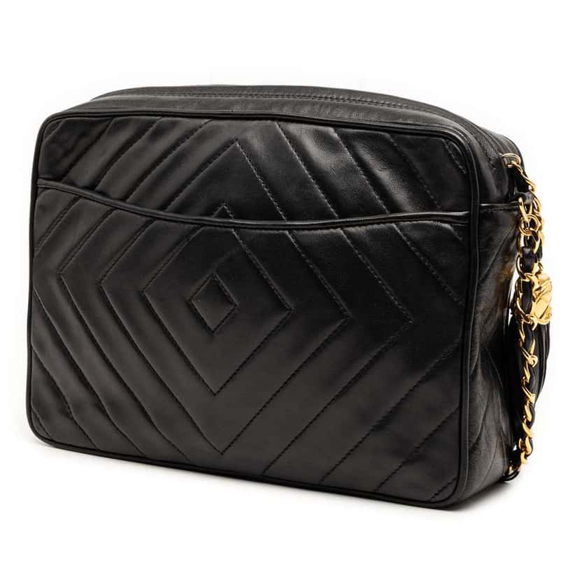 Chanel CC Diamond Quilted Lambskin Tassel Camera Bag Black Leather Good condition - Back View