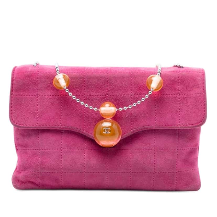 Chanel CC Choco Bar Suede Beaded Chain Flap Pink Leather Good condition - Front View