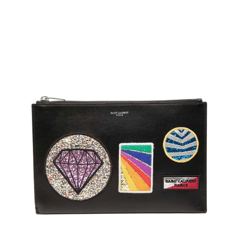 Saint Laurent Leather Multi Patch Zip Pouch Black Leather Good condition - Front View