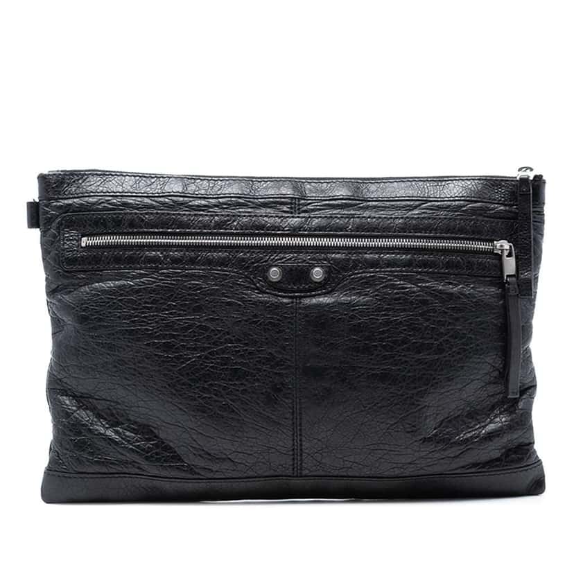 Balenciaga Lambskin Motocross Classic Clip L Clutch Black Leather Good condition - Front View
