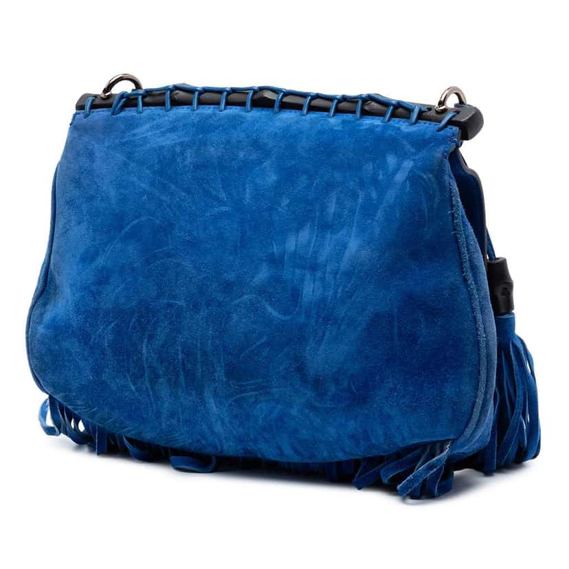 Gucci Medium Suede Bamboo Nouveau Fringe Crossbody Blue Leather Very good condition - Back View