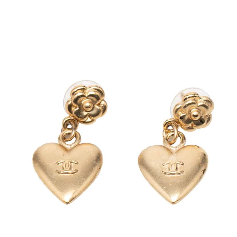 Chanel CC Gold Plated Heart Dangling Push Back Earrings Gold Metal Good condition - Front View