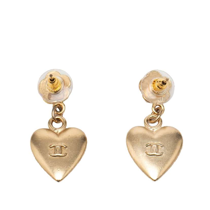 Chanel CC Gold Plated Heart Dangling Push Back Earrings Gold Metal Good condition - Back View