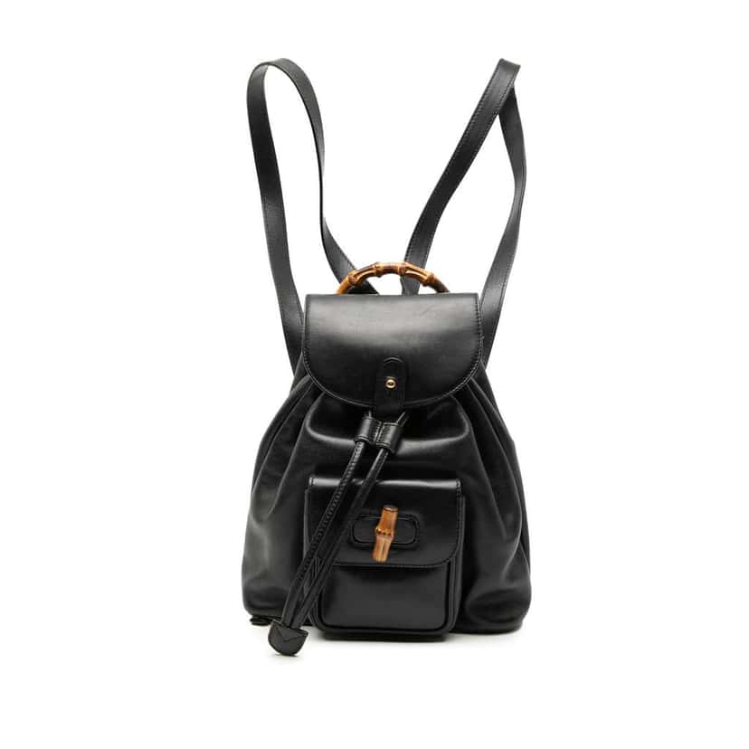 Gucci Leather Bamboo Drawstring Backpack Black Leather Good condition - Front View