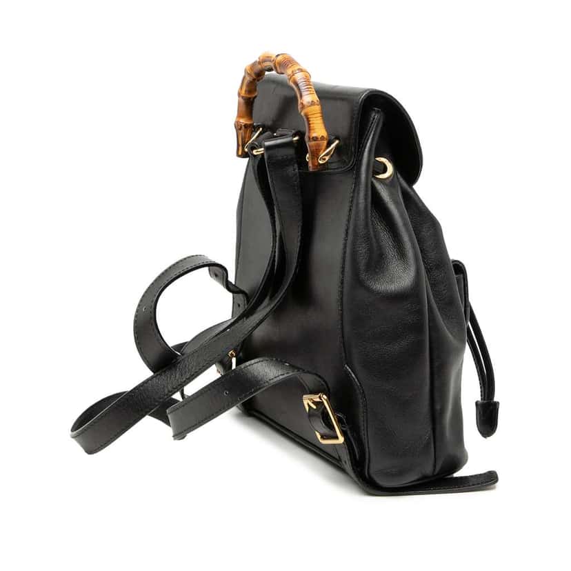 Gucci Leather Bamboo Drawstring Backpack Black Leather Good condition - Back View