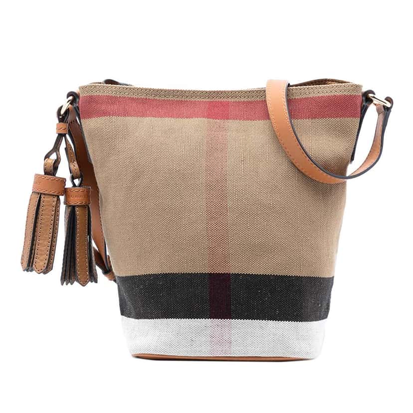 Burberry Mini Mega Check Canvas Ashby Tassel Bucket Bag Brown Canvas Good condition - Front View