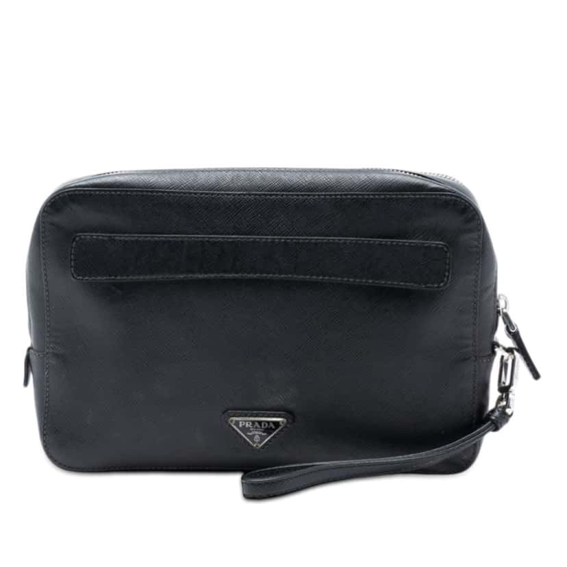 Prada Saffiano Portfolio Zip Clutch Black Leather Good condition - Front View
