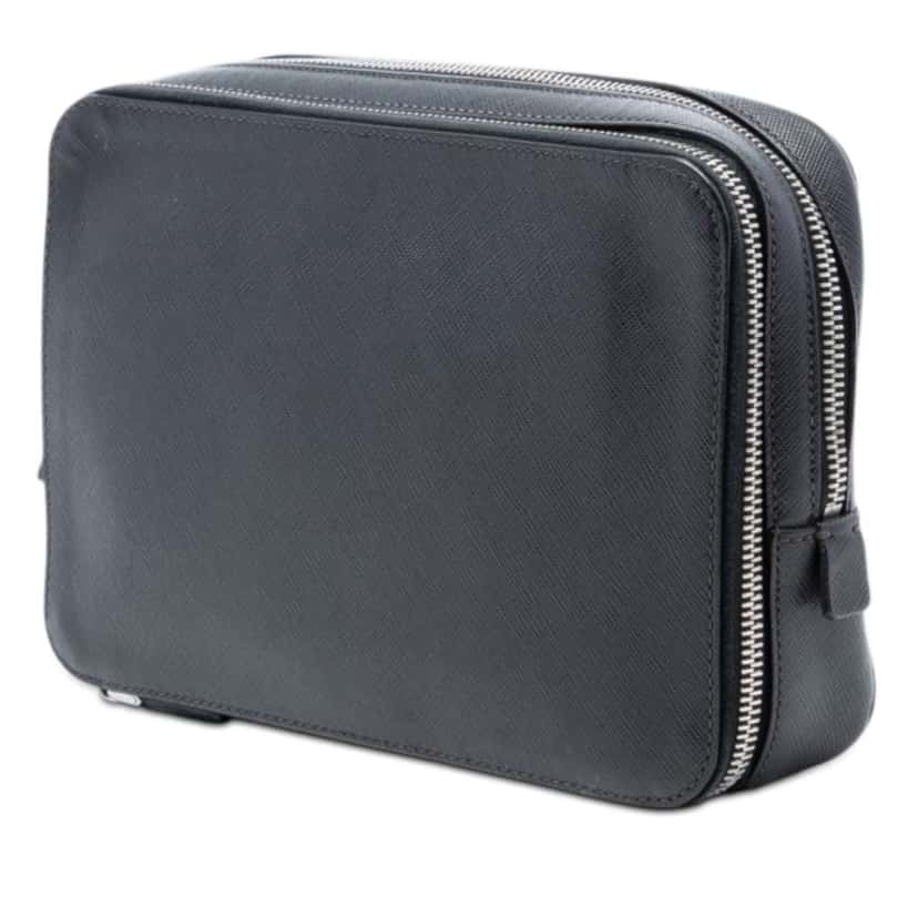 Prada Saffiano Portfolio Zip Clutch Black Leather Good condition - Back View