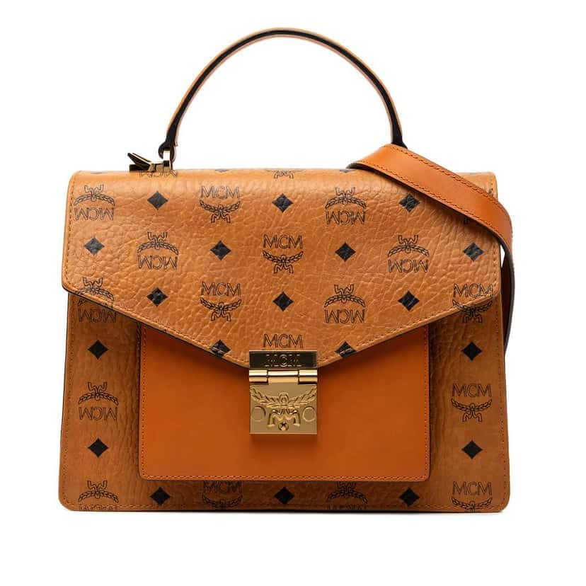 Mcm Medium Visetos Coated Canvas Patricia Pocket Top Handle Bag Brown Canvas Good condition - Front View