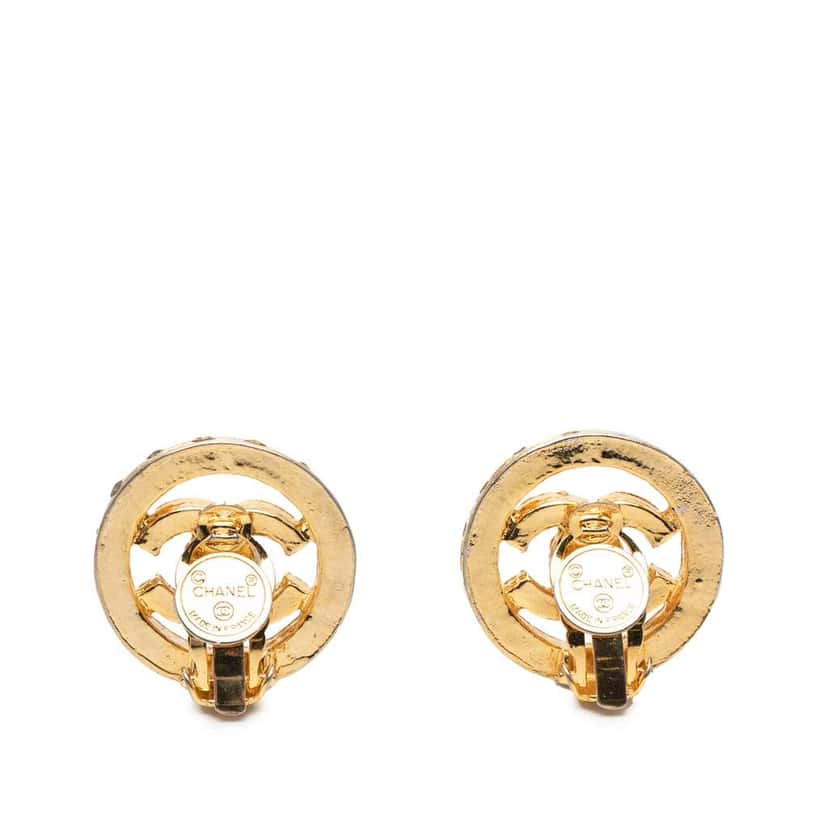 Chanel CC Gold Plated Rhinestone Round Clip On Earrings Gold Metal Good condition - Back View