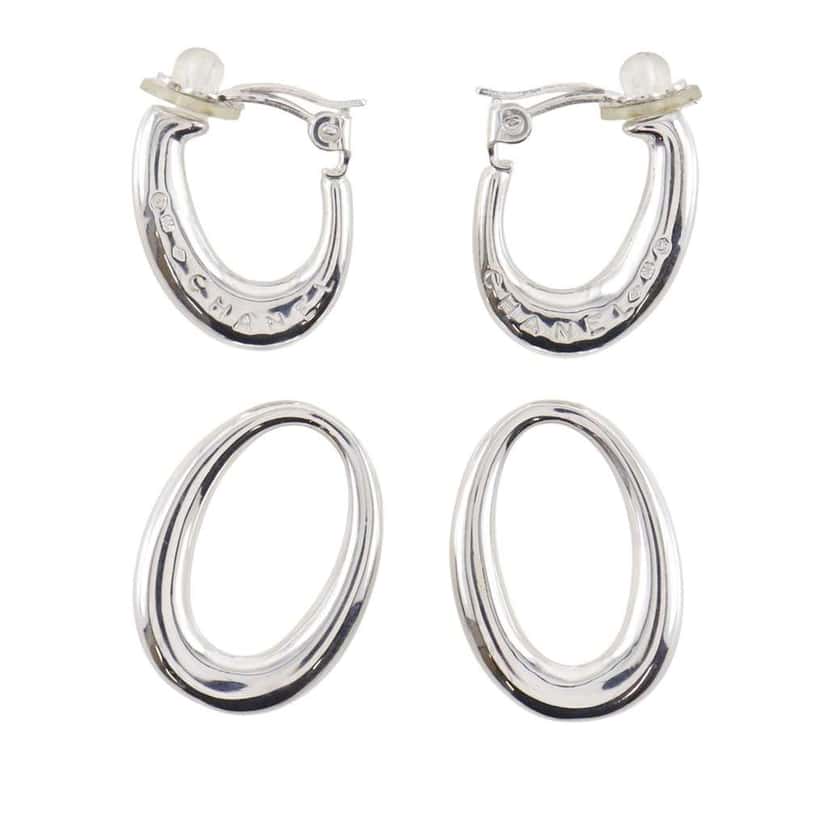 Chanel Sterling Silver Double Hoop Clip On Earrings Silver Silver Very good condition - Box View