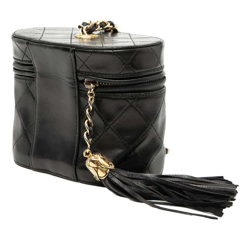 Chanel Quilted Lambskin Tassel Vanity Case with Chain Black Leather Good condition - Back View