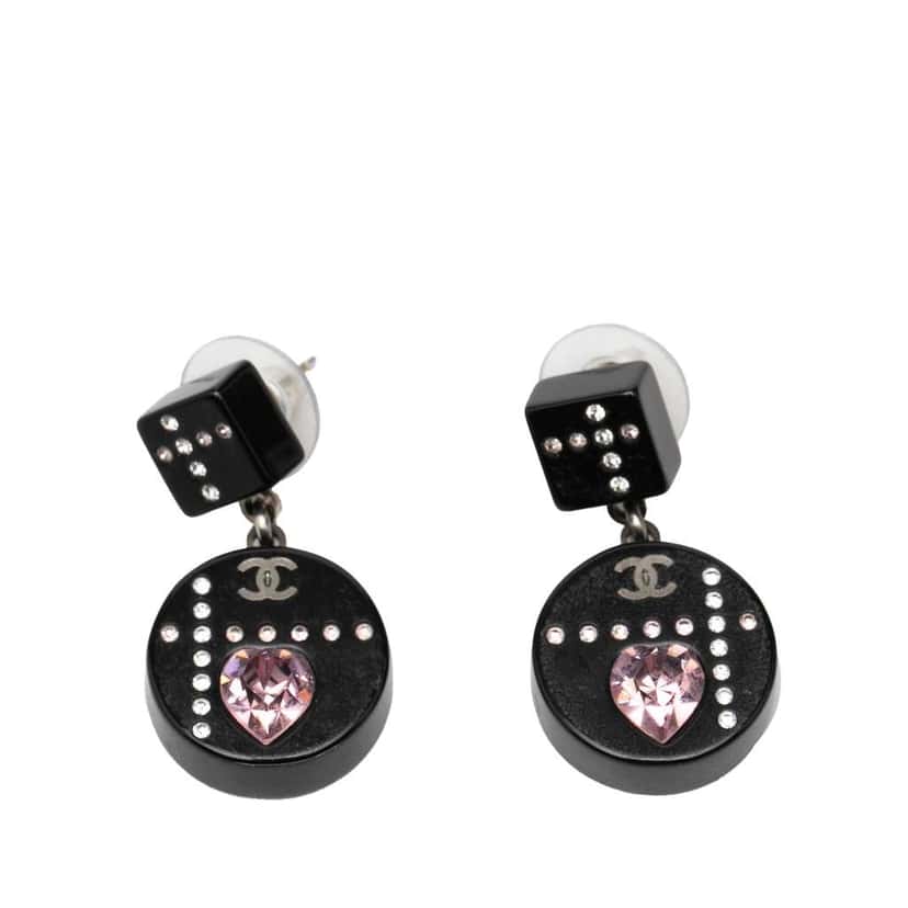 Chanel Resin CC Dice and Heart Crystal Drop Push Back Earrings Black Very good condition - Front View