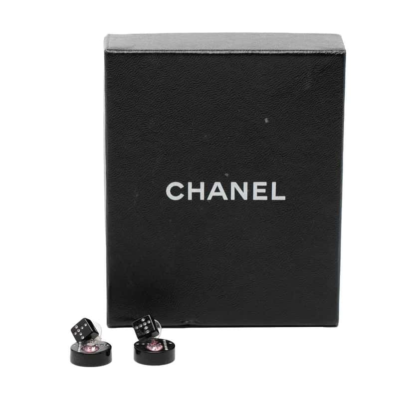 Chanel Resin CC Dice and Heart Crystal Drop Push Back Earrings Black Very good condition - Model View