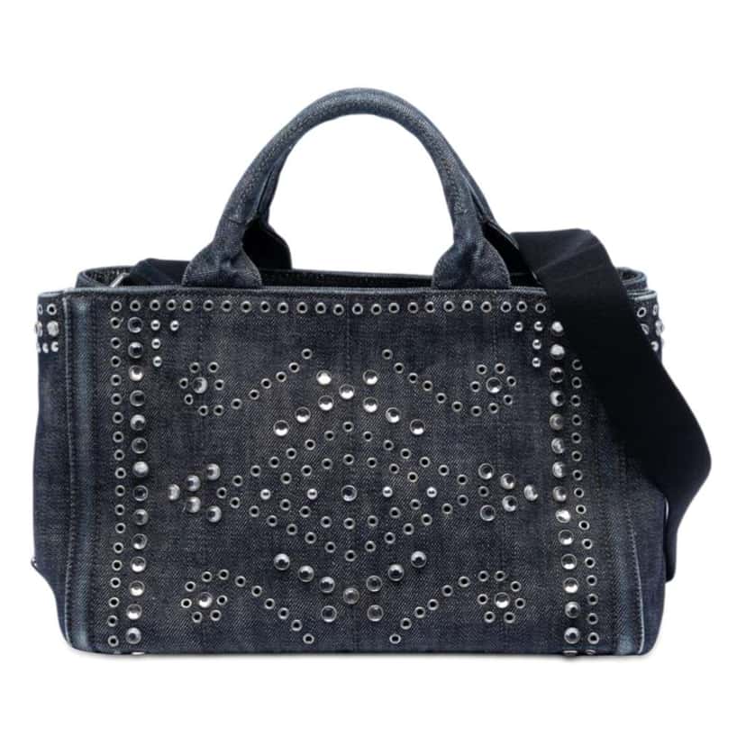 Prada Studded Denim Canapa Logo Satchel Grey Denim Good condition - Front View