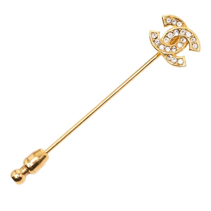 Chanel Gold Plated Rhinestone CC Pin Brooch Gold Metal Good condition - Front View