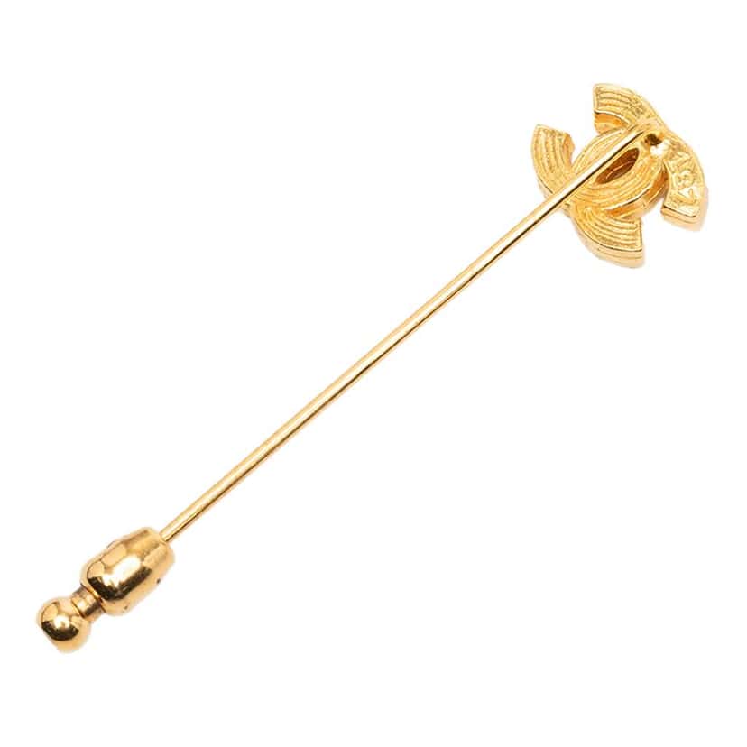 Chanel Gold Plated Rhinestone CC Pin Brooch Gold Metal Good condition - Back View