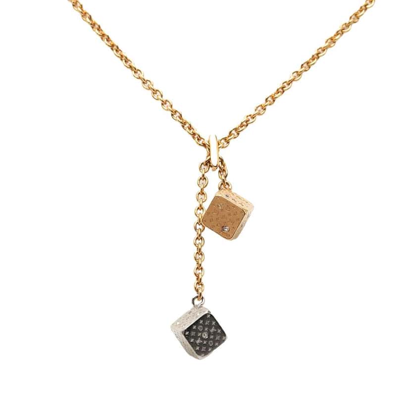 Louis Vuitton Gold Plated and Silver Plated Crystal Luckygram Game On Dice Pendant Necklace Gold Metal Good condition - Back View