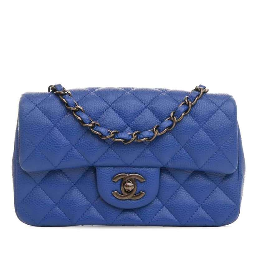 Chanel Mini Rectangular Classic Caviar Single Flap Blue Leather Good condition - Front View